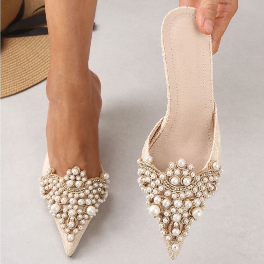 New Faux Pearl Decor Kitten Heeled Mules